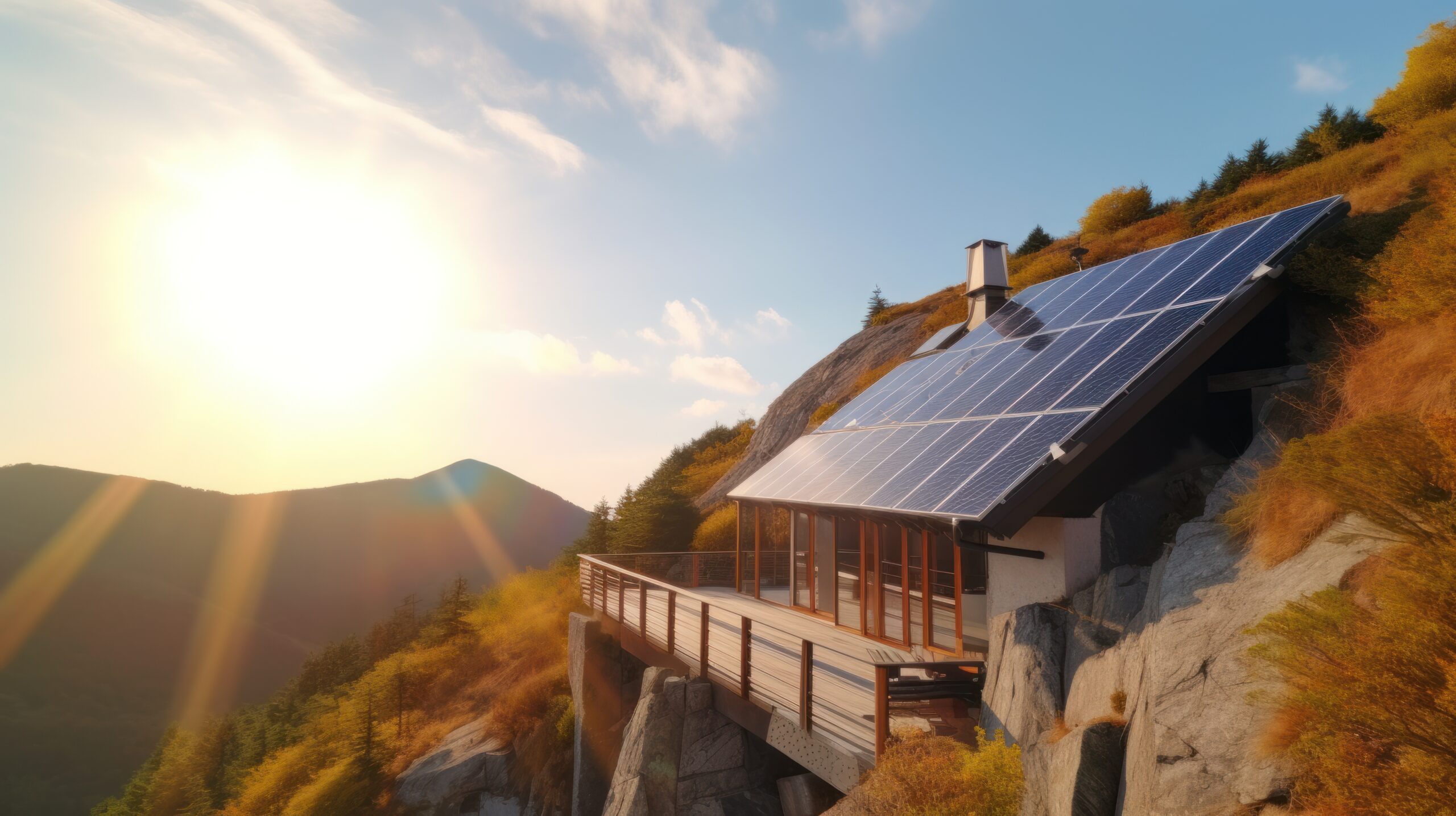 eco-friendly house with solar panels on the roof surrounded by green nature. Generative AI eco-friendly house with solar panels on the roof surrounded by green nature. Generative AI.