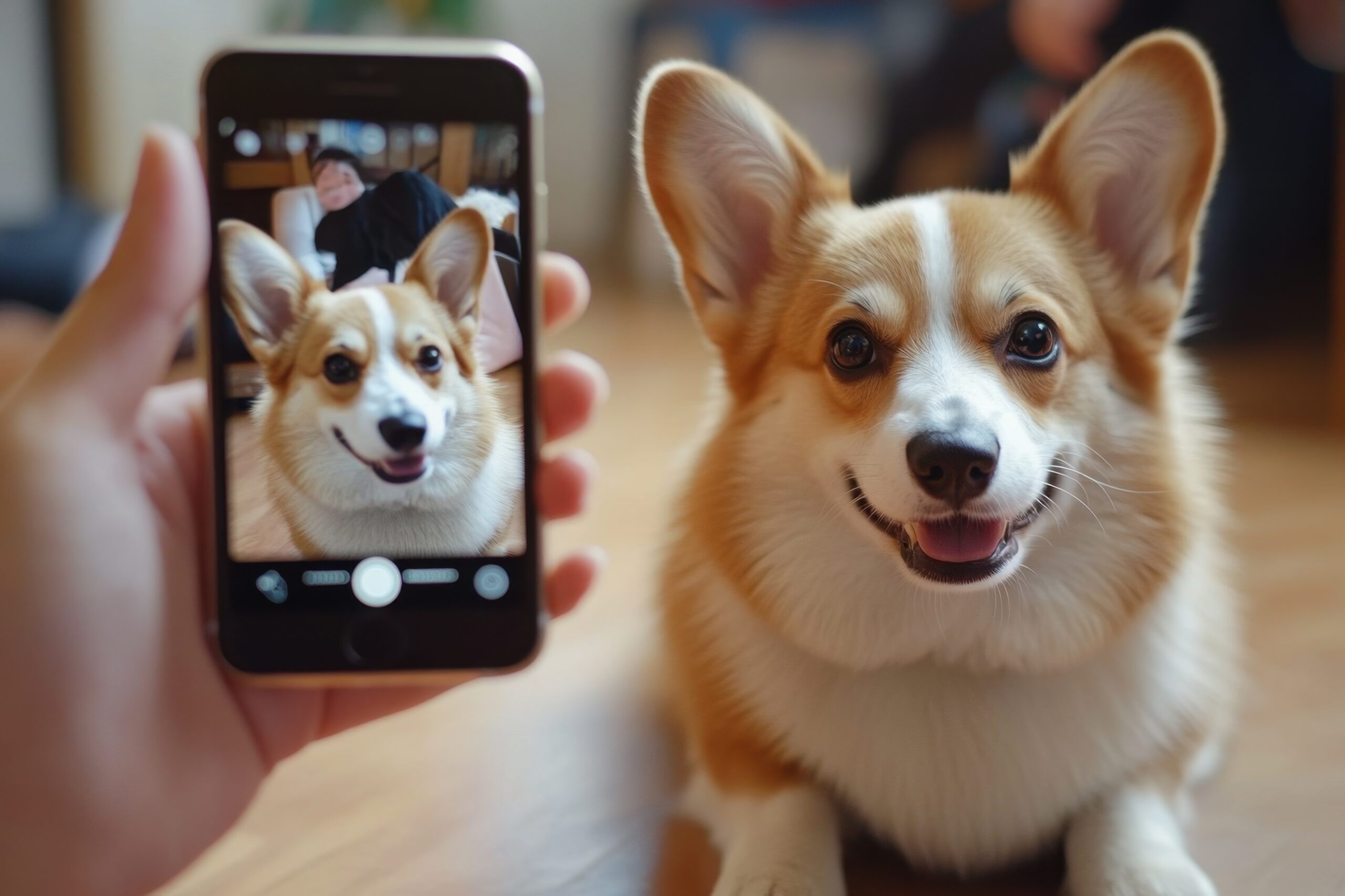 A person taking a photo of their Corgi dog, which is sitting on the floor in front of them The phone screen shows both hands holding it and capturing a full-body shot of the Corgi Generative AI A person taking a photo of their Corgi dog, which is sitting on the floor in front of them The phone screen shows both hands holding it and capturing a full-body shot of the Corgi Generative AI