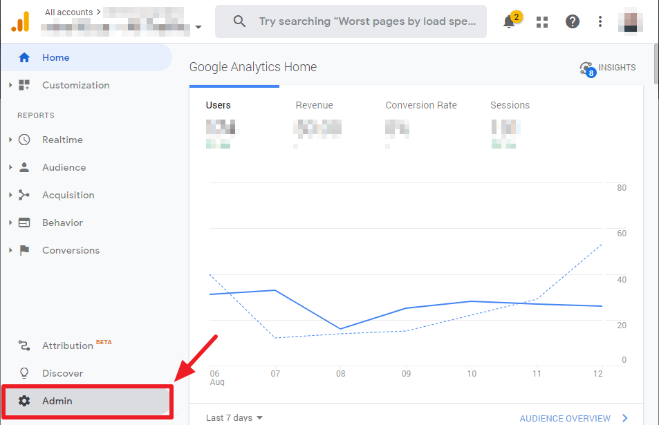 Analytics Screen Highlighting Admin Link