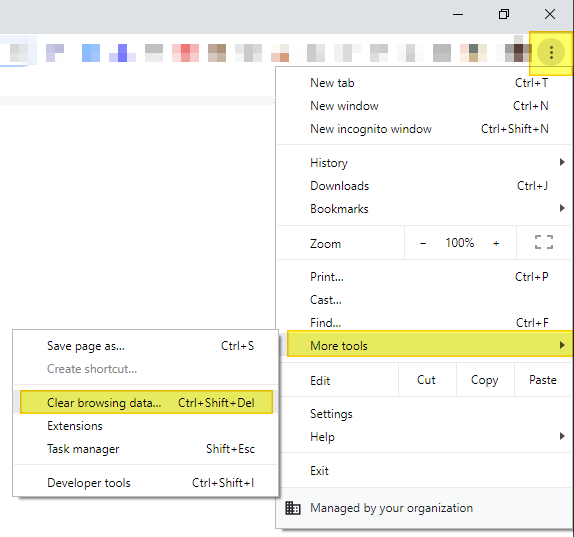 Google Chrome Menu - Clear Cache Option