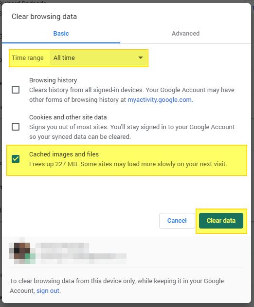 Clear Cache Options for Google Chrome